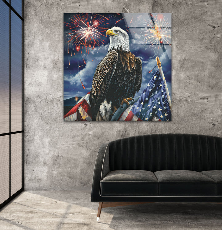 Perched Eagle and Flag Glass Wall Art glass pictures for Wall, glass prints wall art
