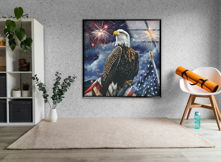 Perched Eagle and Flag Glass Wall Art custom glass pictures, glass art prints
