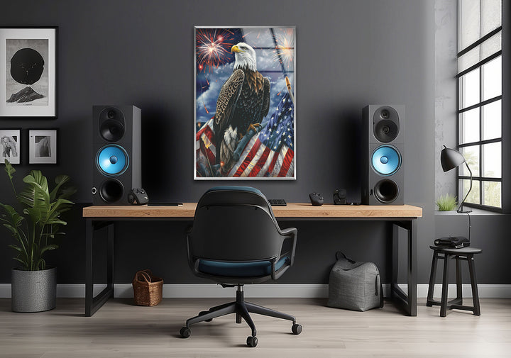 Perched Eagle and Flag Glass Wall Art large glass photo prints, glass wall photos
