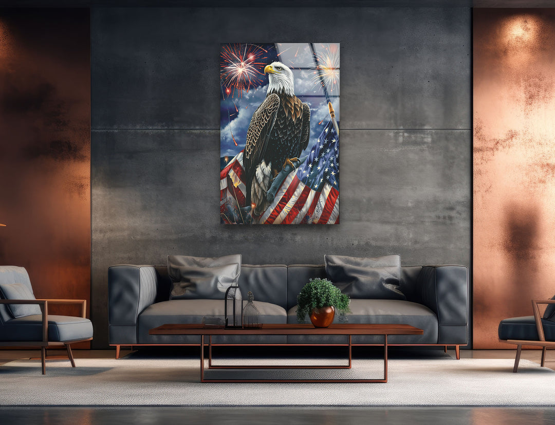 Perched Eagle and Flag Glass Wall Art custom glass photo prints, large glass prints
