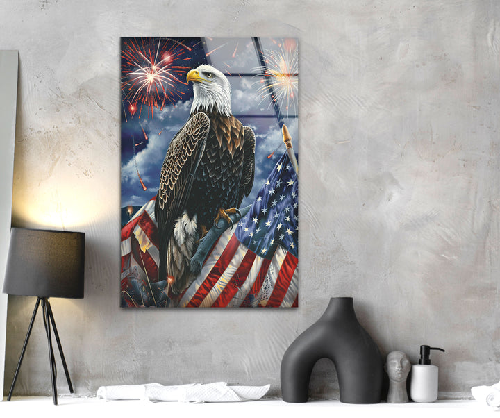 Perched Eagle and Flag Glass Wall Art picture on glass wall art, photos printed on glass
