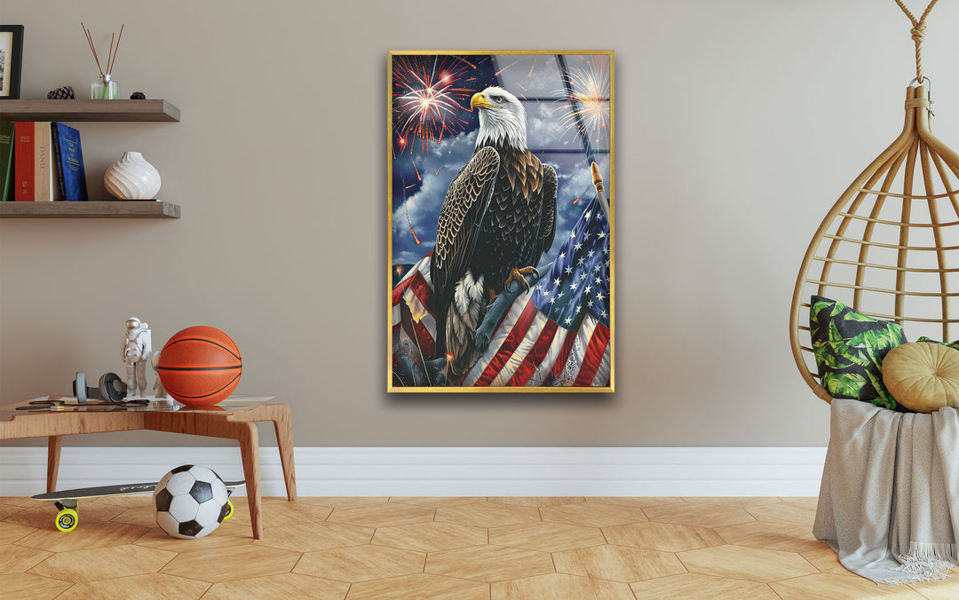 Perched Eagle and Flag Glass Wall Art print on glass, glass printed photos
