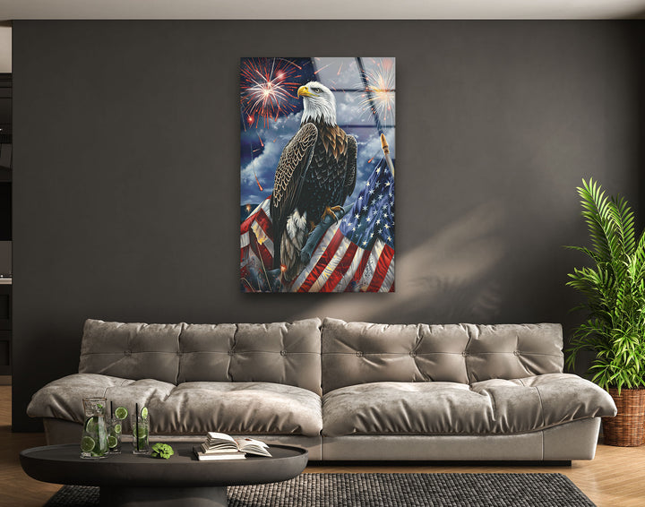 Perched Eagle and Flag Glass Wall Art glass image printing, glass prints from photos
