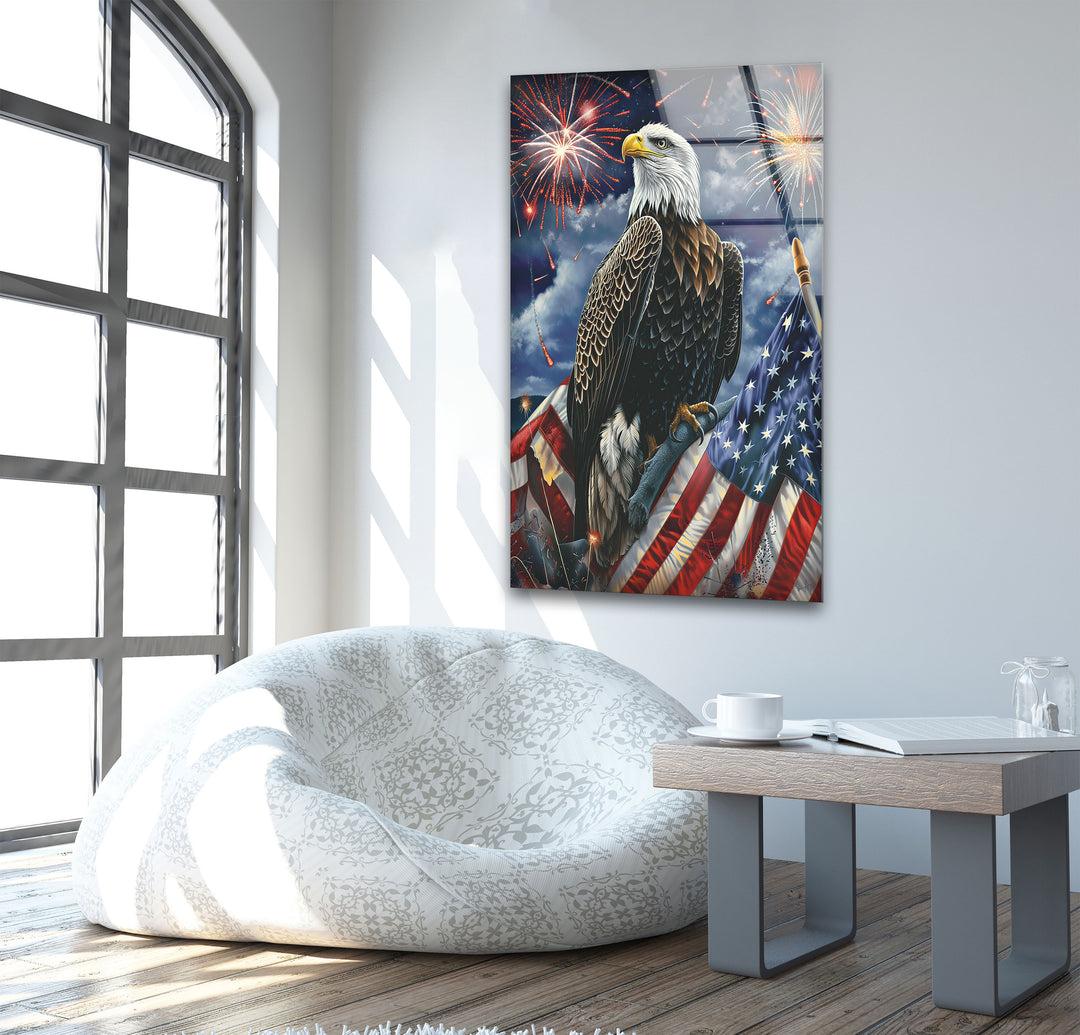 Perched Eagle and Flag Glass Wall Art print picture on glass, Tempered Glass Wall Art
