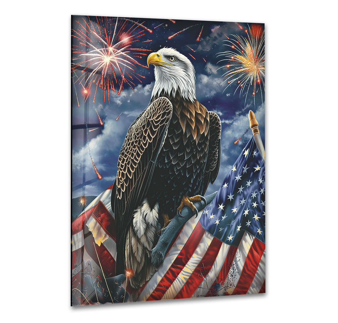 Perched Eagle and Flag Glass Wall Art glass photo prints, glass picture prints
