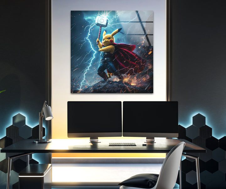 Pikachu Thor Glass Wall Art picture on glass wall art, photos printed on glass
