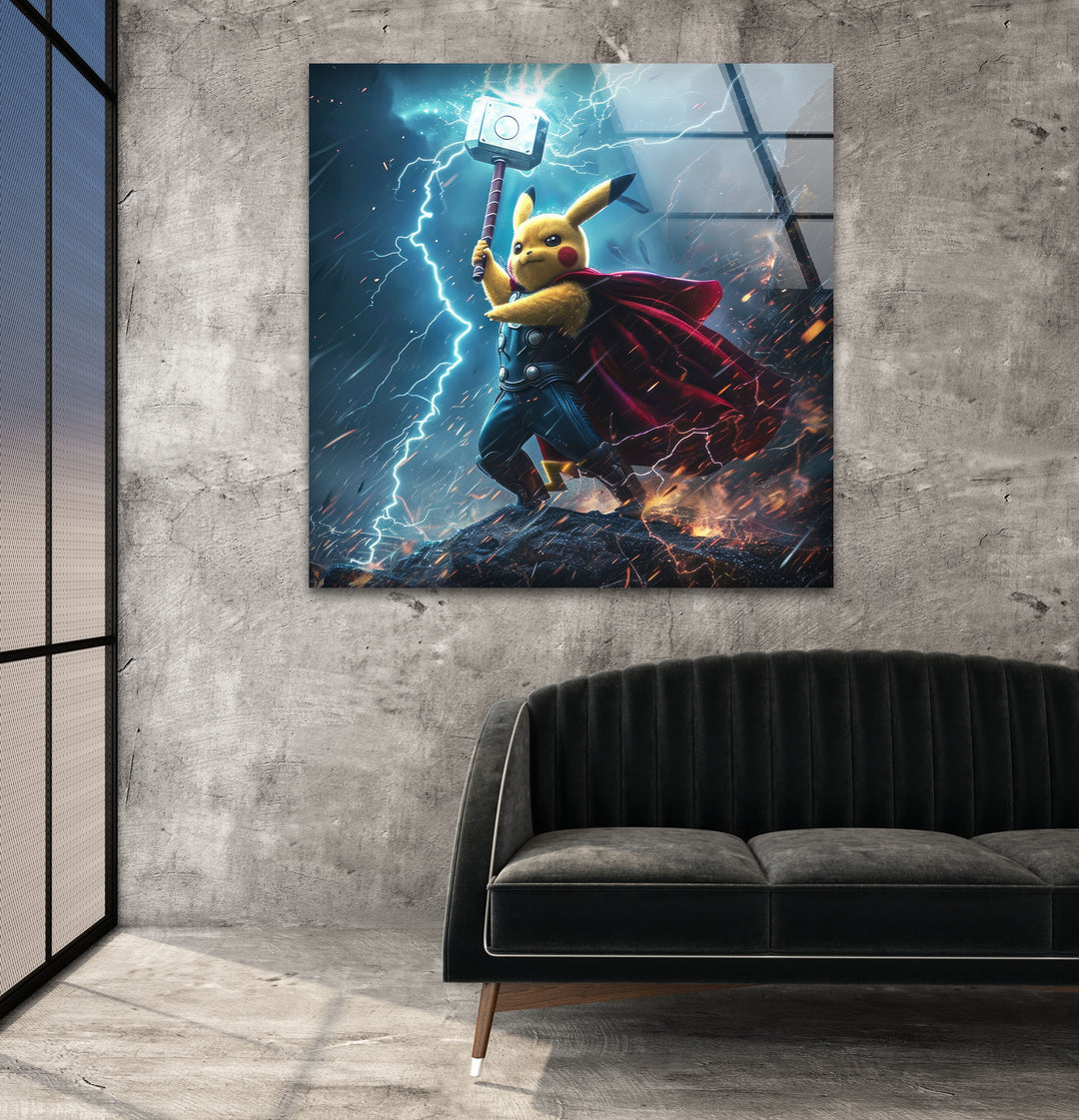 Pikachu Thor Glass Wall Art photo print on glass, prints on glass wall art
