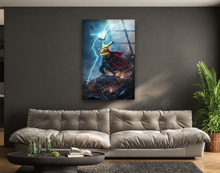 Pikachu Thor Glass Wall Art print picture on glass, Tempered Glass Wall Art
