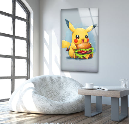 Pokemon Pikachu Eat Hamburger Glass Wall Art