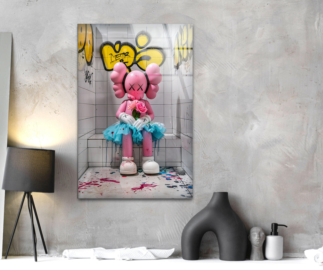 Pink Kaws Glass Wall Art custom glass pictures, glass art prints
