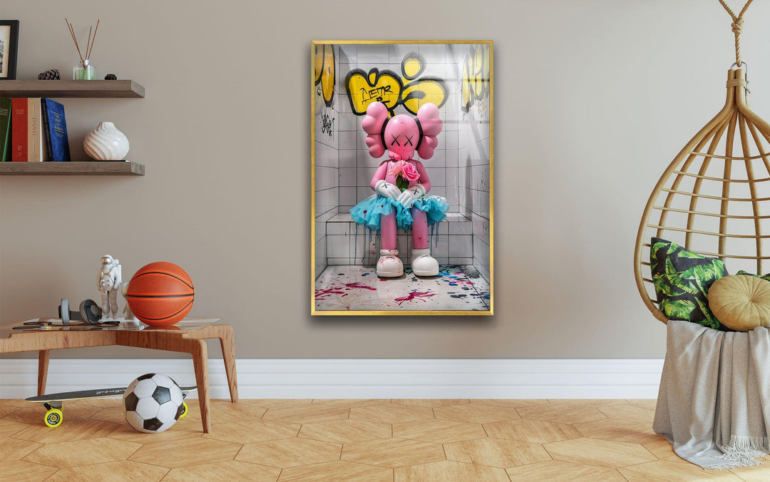 Pink Kaws Glass Wall Art photo print on glass, prints on glass wall art
