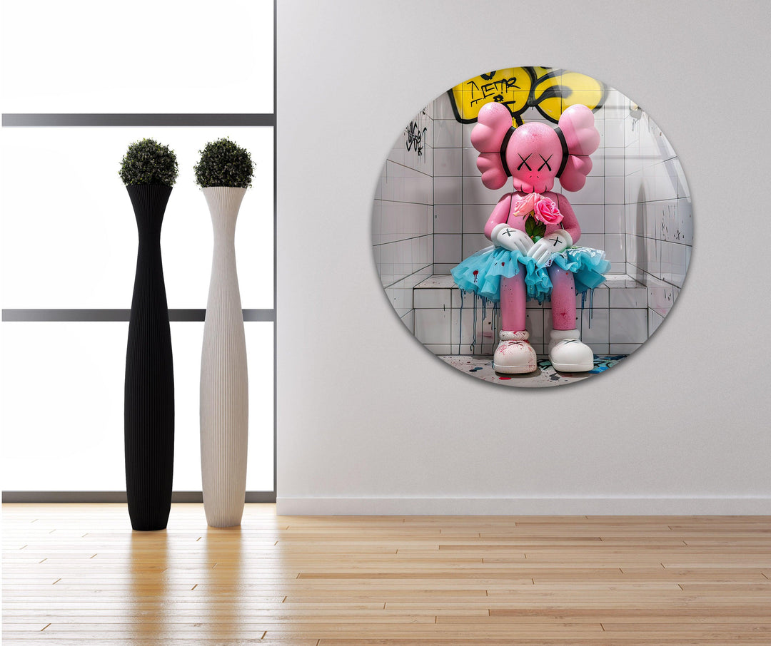 Pink Kaws Glass Wall Art glass art painting, glass art for the Wall
