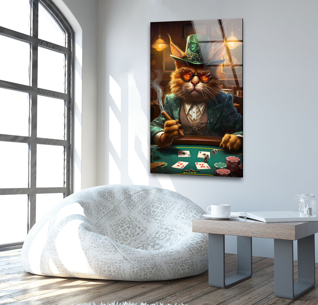 Poker Cat Glass Wall Art print picture on glass, Tempered Glass Wall Art
