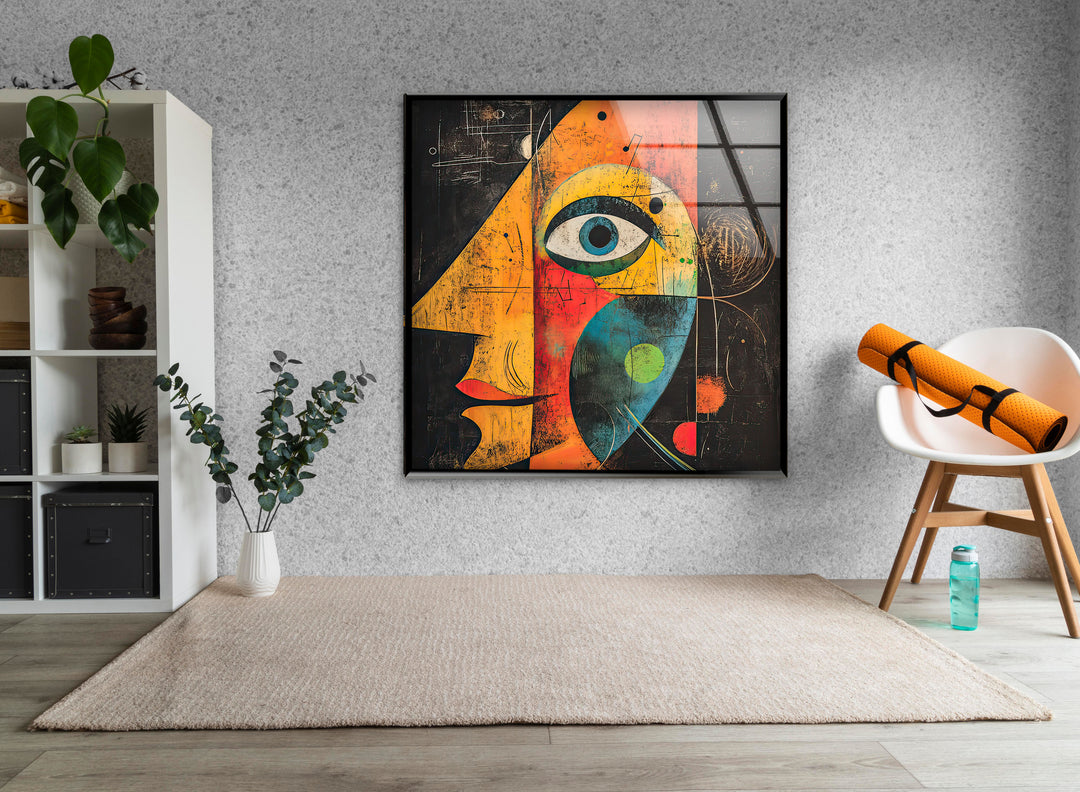 Portrait in Style of Miro Painting Glass Wall Art custom glass photo prints, large glass prints
