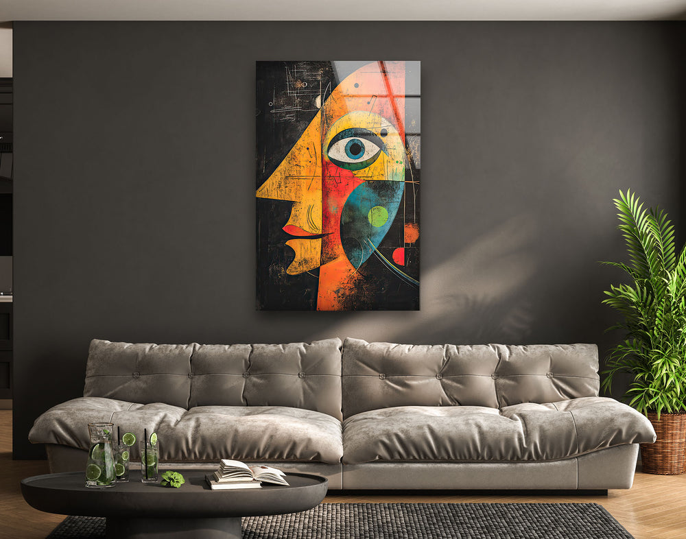 Portrait in Style of Miro Painting Glass Wall Art photo print on glass, prints on glass wall art
