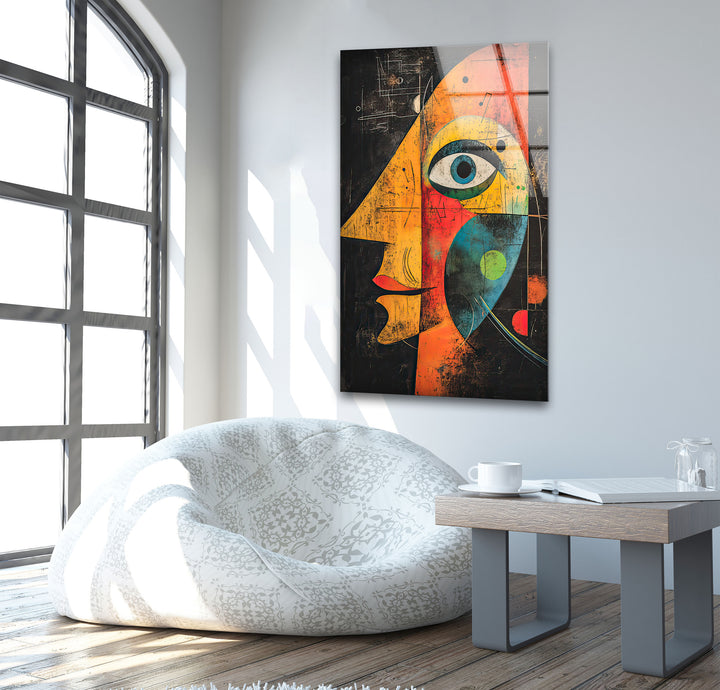 Portrait in Style of Miro Painting Glass Wall Art glass art painting, glass art for the Wall
