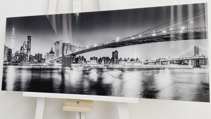 Black & White NYC Bridge Landscape Glass Wall Art, glass art painting, glass art for the Wall