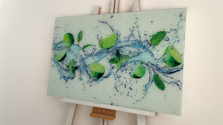 Fresh Limes With Water Splash Glass Wall Art, glass image printing, glass prints from photos