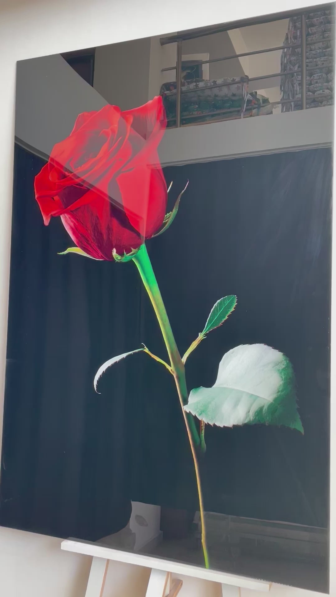 Single Red Rose On Black Glass Wall Art, glass art painting, glass art for the Wall