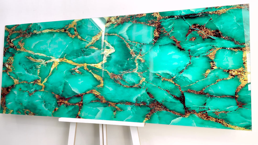 Aqua Blue With Gold Veins Abstract Glass Wall Art, print picture on glass, Tempered Glass Wall Art