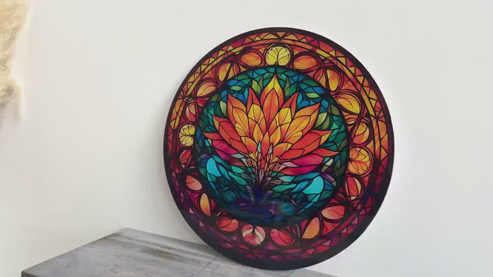 Stained Round Orange Lotus Glass Wall Art