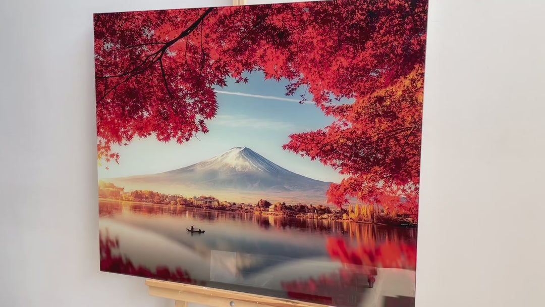 Fuji Mountain & Red Tree Landscape Glass Wall Art, custom glass photo prints, large glass prints