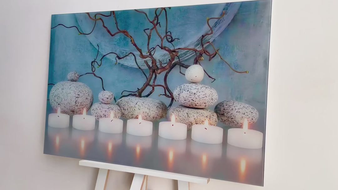 Candle With Zen Spa Stones Glass Wall Art