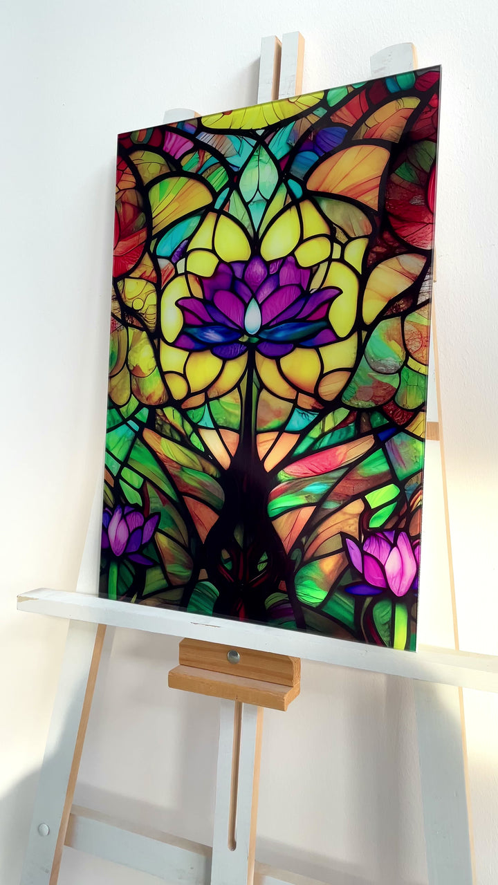 Stained Glowing Purple Lotus Glass Wall Art, glass art painting, glass art for the Wall