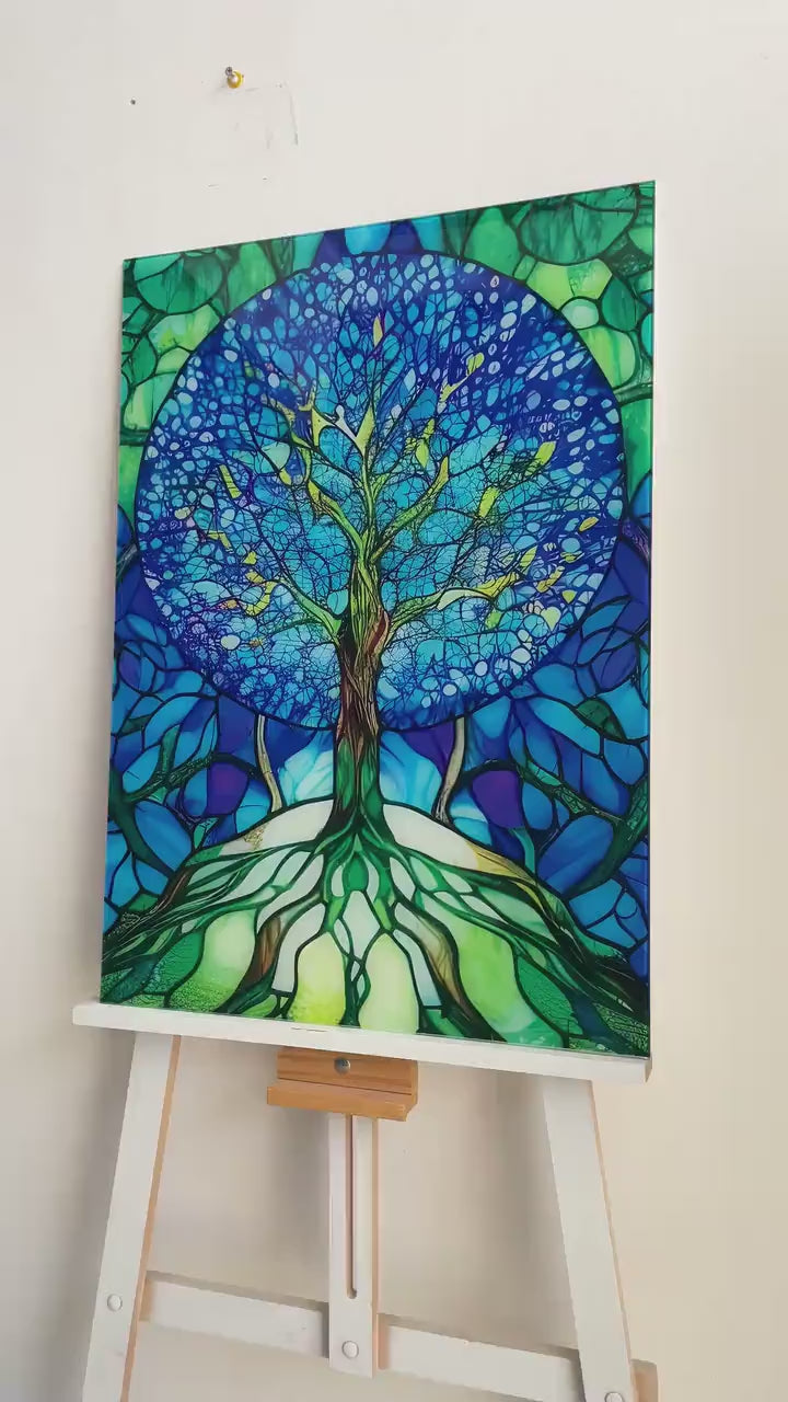 Stained Glass Of Tree Of Life In Blue Glass Wall Art, stained glass wall art, stained glass wall decor