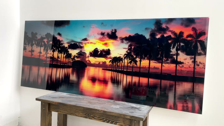 Paradise Beach Sunset, Tropical Palms Glass Wall Art, glass image printing, glass prints from photos