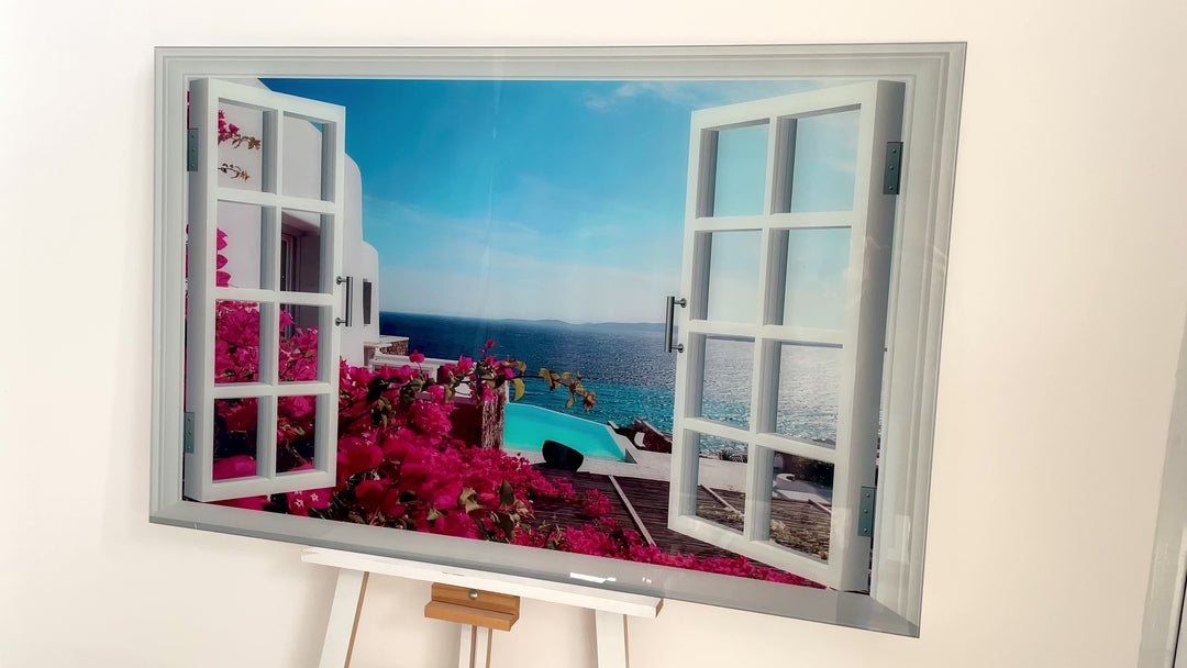 Fake Window Santorini Island Glass Wall Art