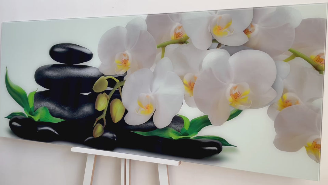 Orchid Flowers & Stones Glass Wall Art, print picture on glass, Tempered Glass Wall Art