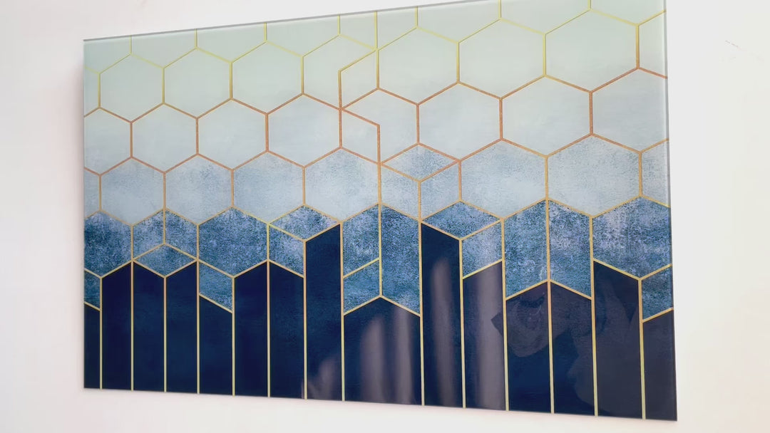 Gold&Blue Hexagons Abstract Glass Printing Wall Arts