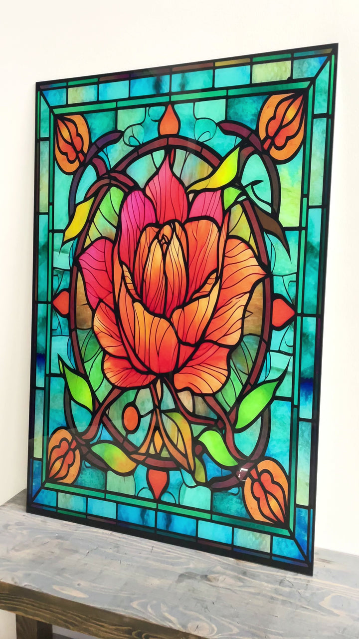 Red Floral Stained Glass Wall Art