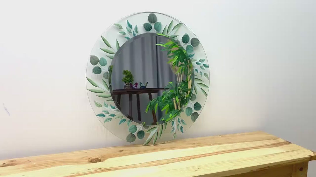 Transparent Green Leaves Round Wall Mirror