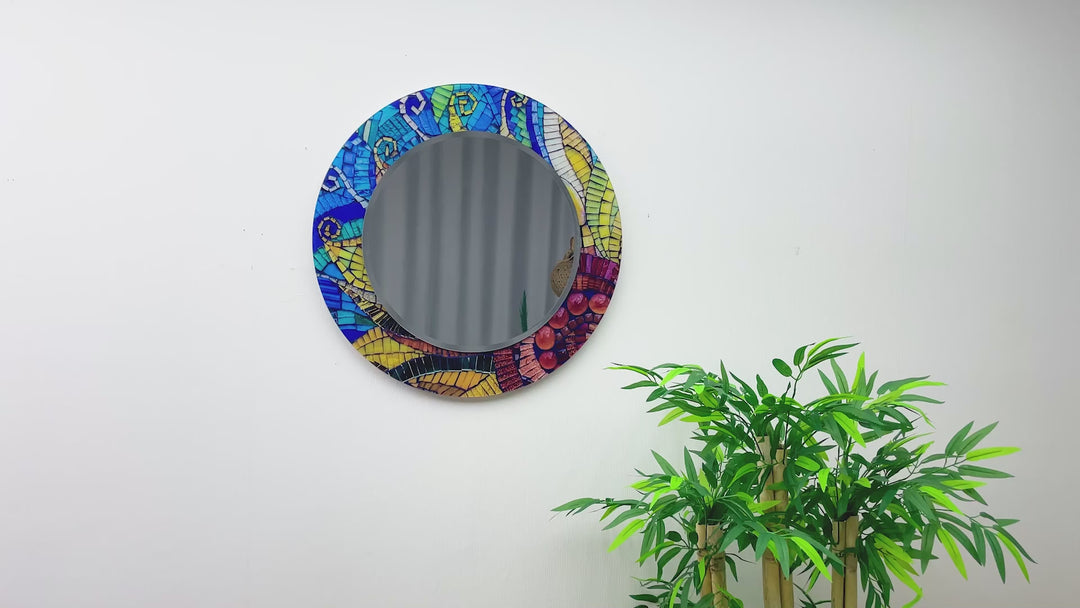 Stained Blue Round Wall Mirror