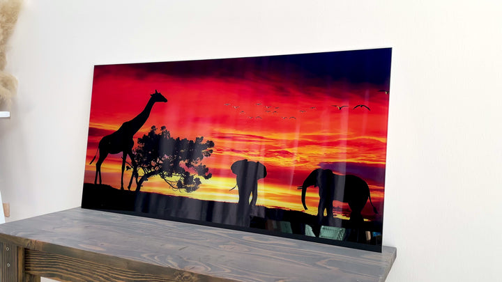 Giraffe & Elephants At Sunset Glass Wall Art, picture on glass wall art, photos printed on glass