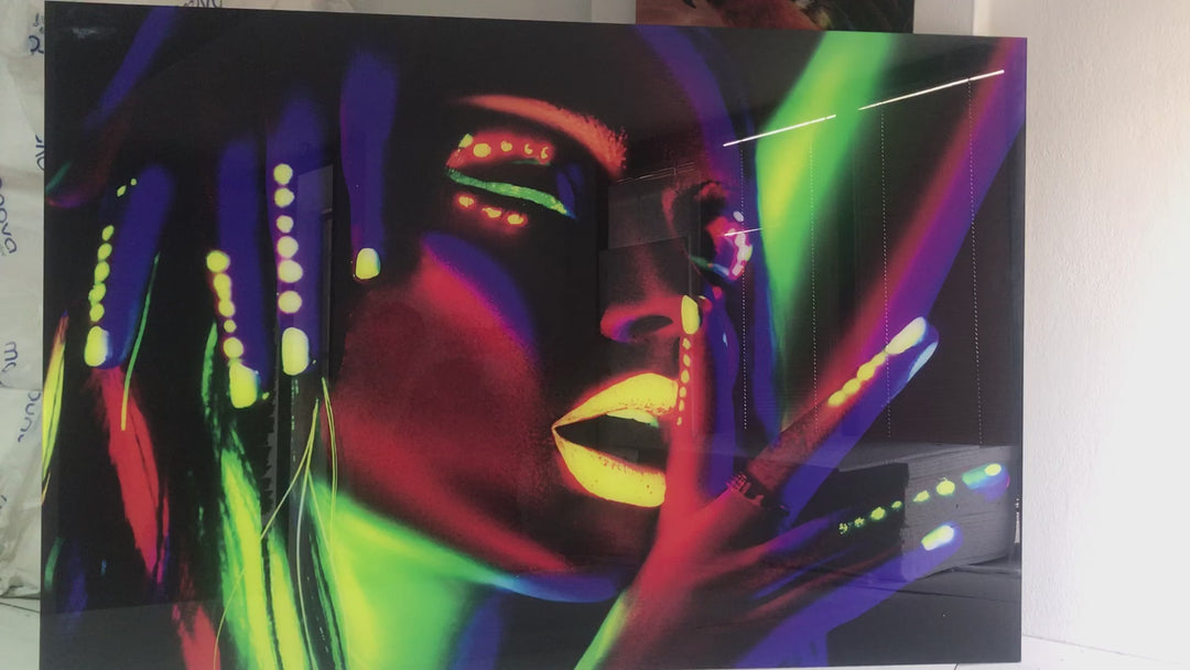 Vivid Neon Woman Glass Wall Art