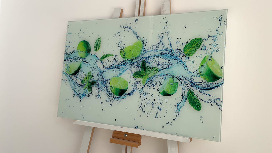 Limes and Water Splash Kitchen Glass Wall Art, Glass Printing Wall Art, Print photos on glass