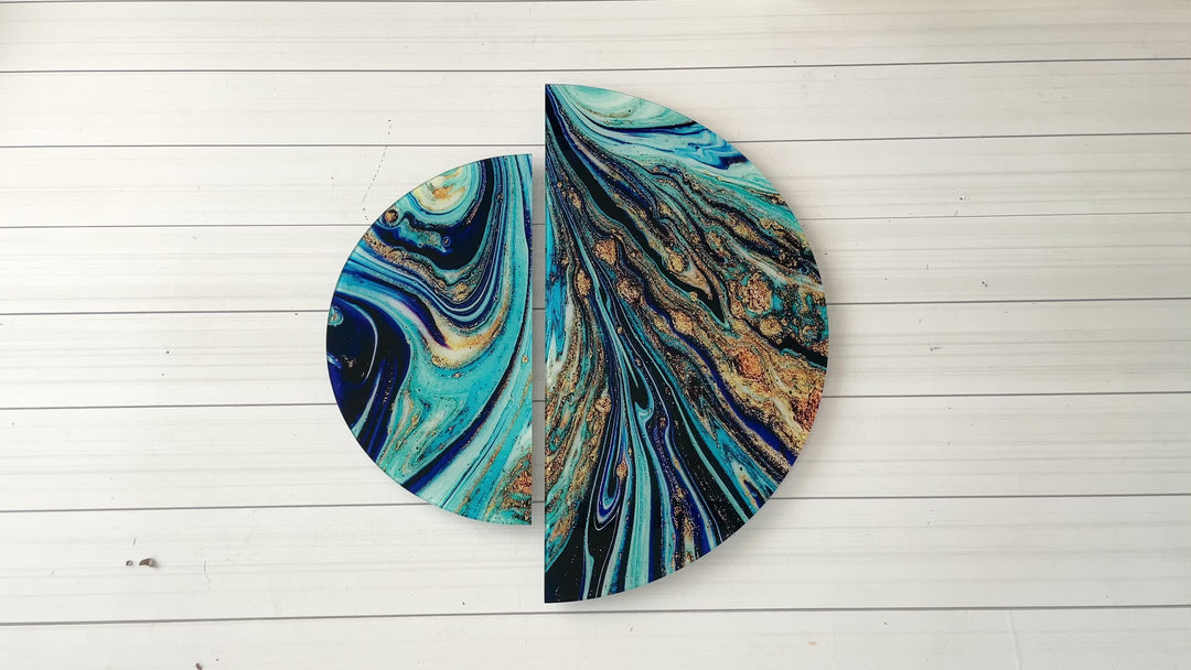 Two Pieces Round Abstract Blue and Gold Glass Wall Art