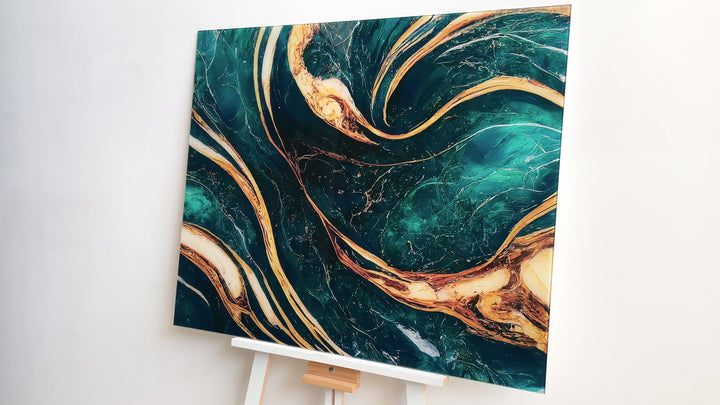 Green, Turquoise With Gold Marble Abstract Glass Wall Art, glass photo prints, glass picture prints