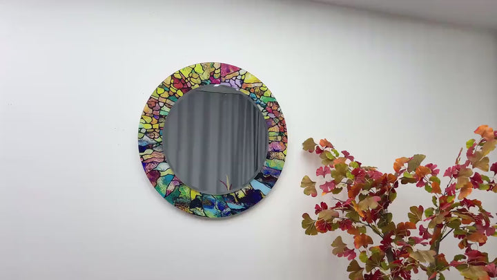 Stained Yellow & Green Round Wall Mirror