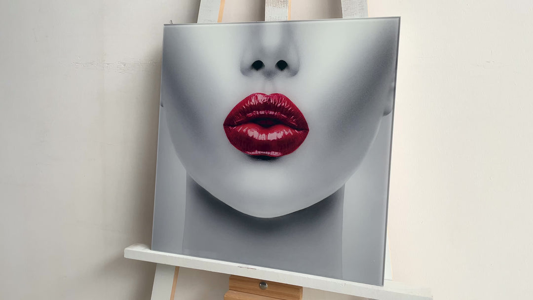 White Woman Red Lips Glass Wall Art