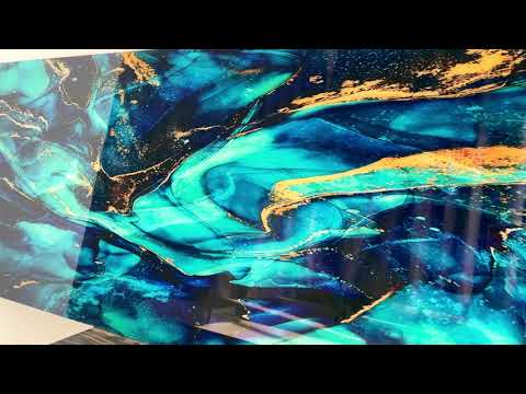 Blue&Gold Marbled Abstract Glass Wall Art, glass pictures for Wall, glass prints wall art