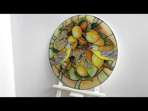 Lemon Tree & Birds Stained Round Glass Wall Art