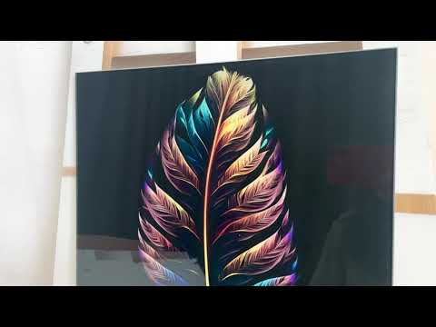 Neon Color Bird Feather Glass Wall Art, glass art painting, glass art for the Wall