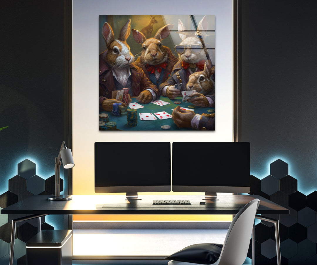 Rabbits Playing Poker Glass Wall Art picture on glass wall art, photos printed on glass