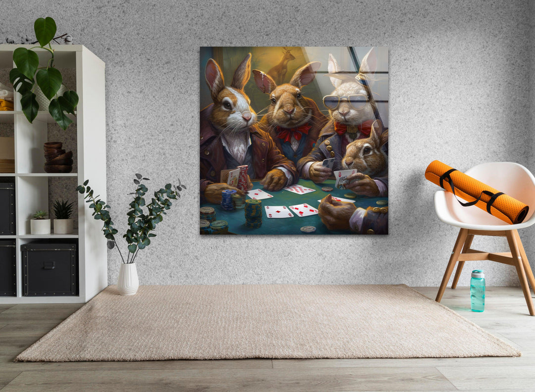 Rabbits Playing Poker Glass Wall Art custom glass photo prints, large glass prints