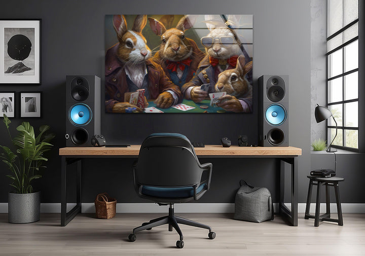 Rabbits Playing Poker Glass Wall Art print on glass, glass printed photos