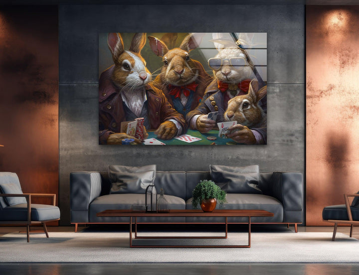 Rabbits Playing Poker Glass Wall Art glass photo prints, glass picture prints